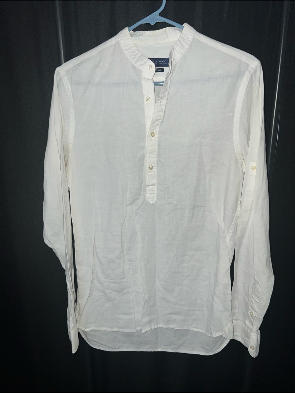 Zara White Men's Mandarin Collar Long-Sleeve Buttoned Linen Shirt